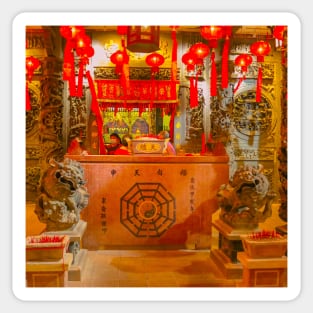 Hotel reception styled like ancient Chinese temple altar. SQe Sticker